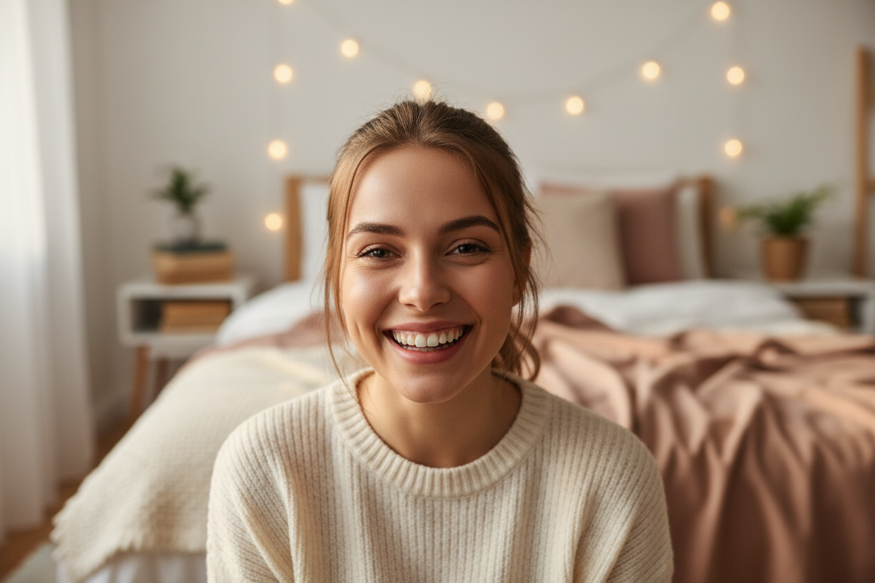 foto de cara de mujer joven contenta en su pieza