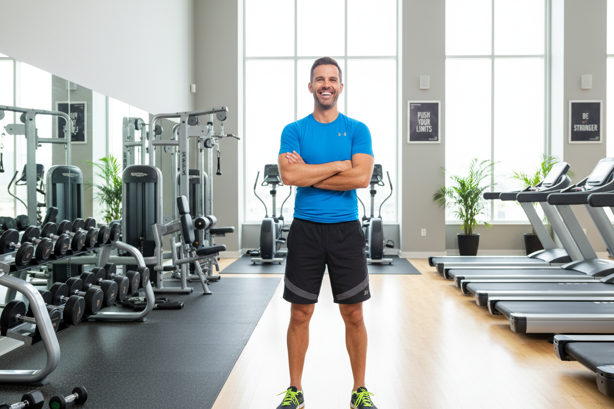 foto de hombre adulto alegra en ropa deportiva y en gimnasio